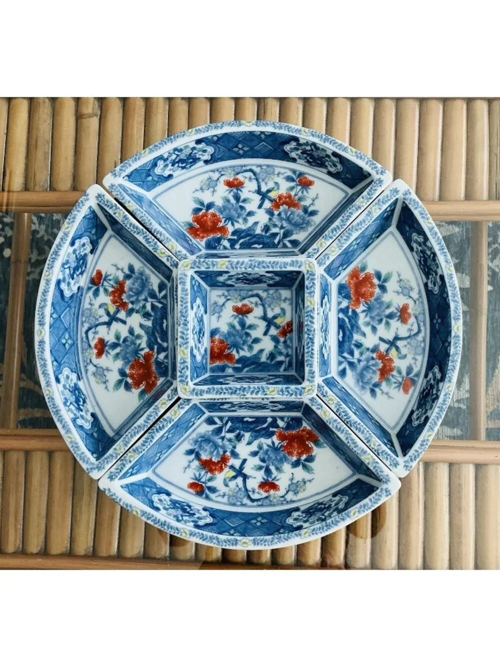 Chinoiserie Blue & White 5 Section Lazy Susan Serving Carousel Imari Porcelain